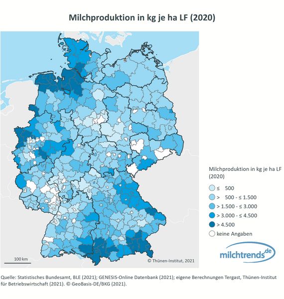 Milchproduktion in kg je ha LF (2020)