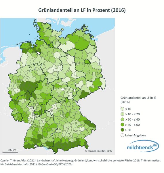 Grünlandanteil an LF in % (2016)